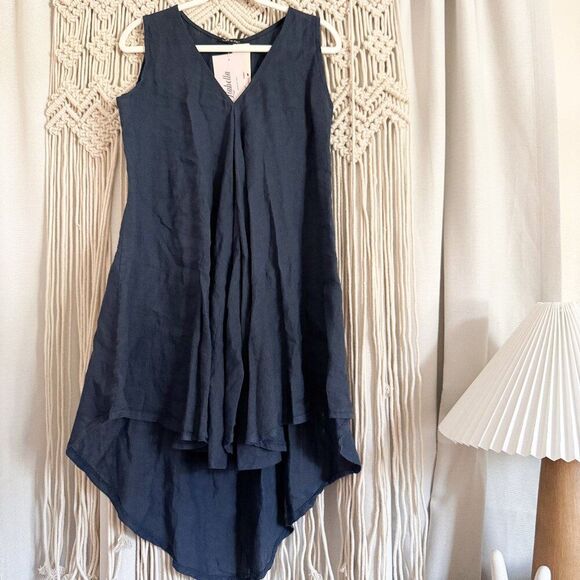 Liabella Navy Blue High-Low Dress 100% Cotton Made in Italy Est. M/L NWT - Picture 1 of 7